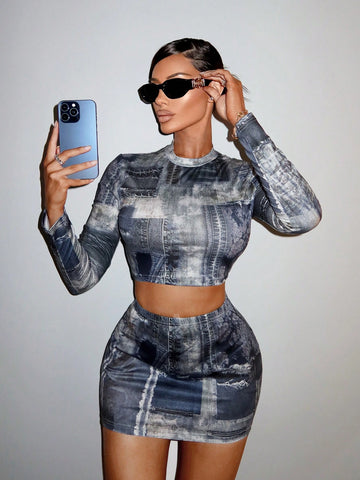 Denim Print Stand Collar Casual Women's Top And Mini Skirt Two Piece Set
