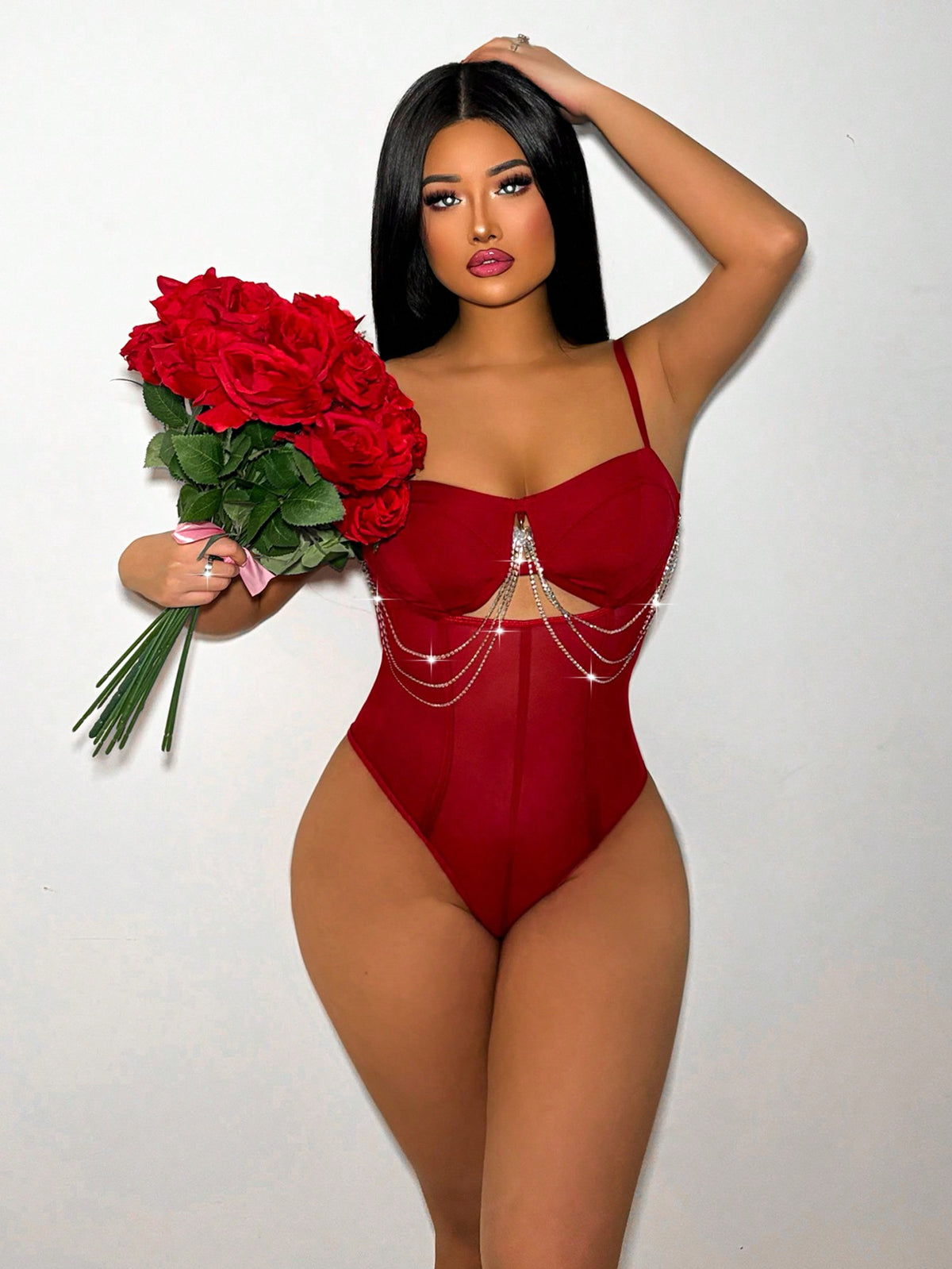 Diamond Chain See-Through Mesh Patchwork Suspender Bodysuit