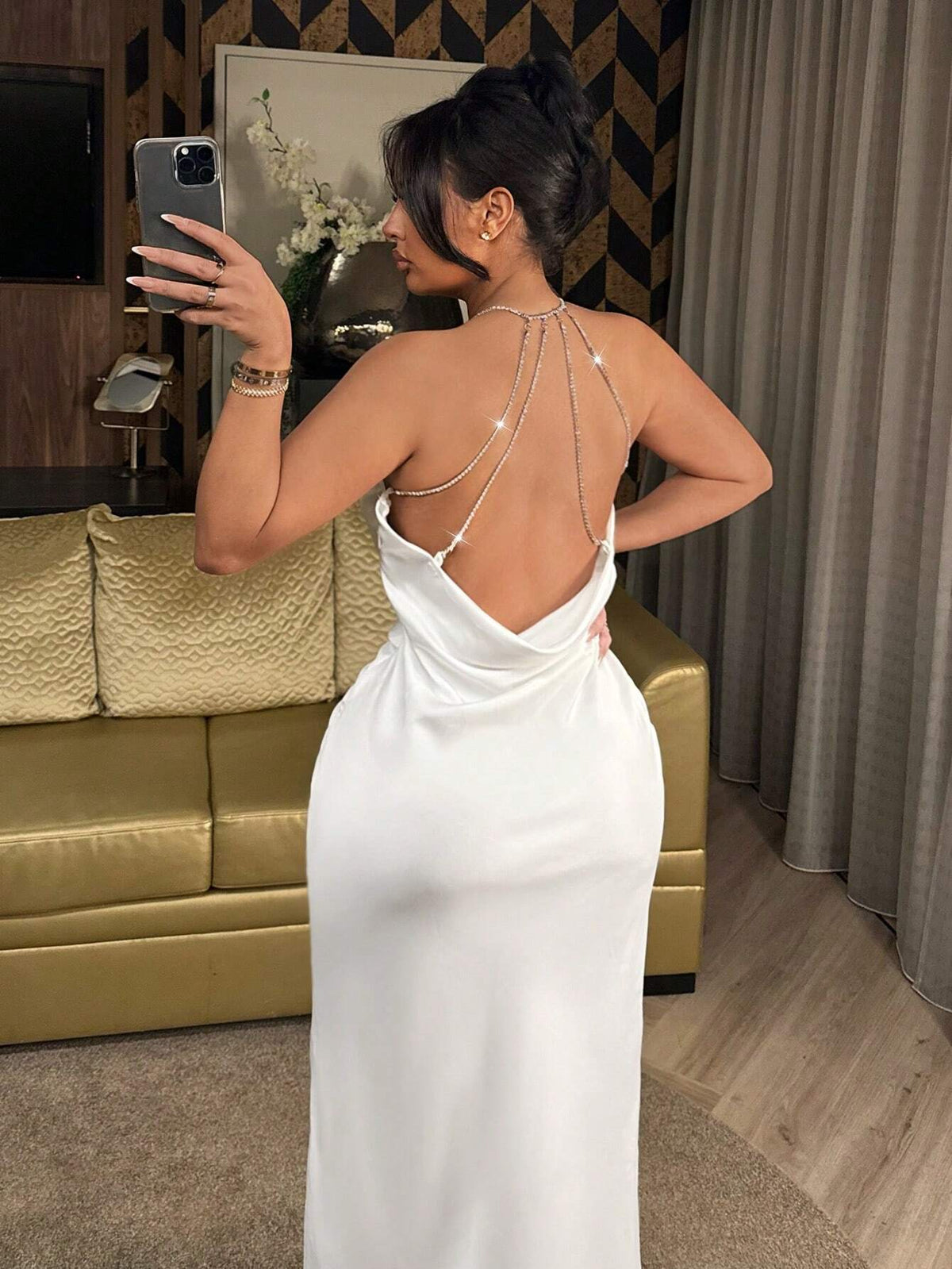 Diamond Chain V-Neck Backless Split Dress