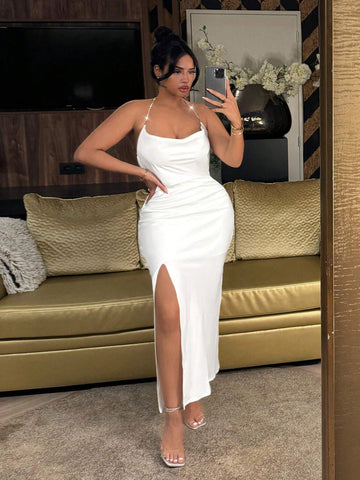 Diamond Chain V-Neck Backless Split Dress