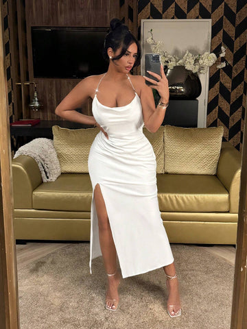 Diamond Chain V-Neck Backless Split Dress