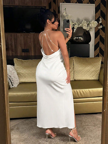 Diamond Chain V-Neck Backless Split Dress