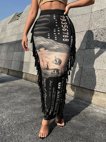 SXY Dollar Print Fringe Trim Pencil Skirt