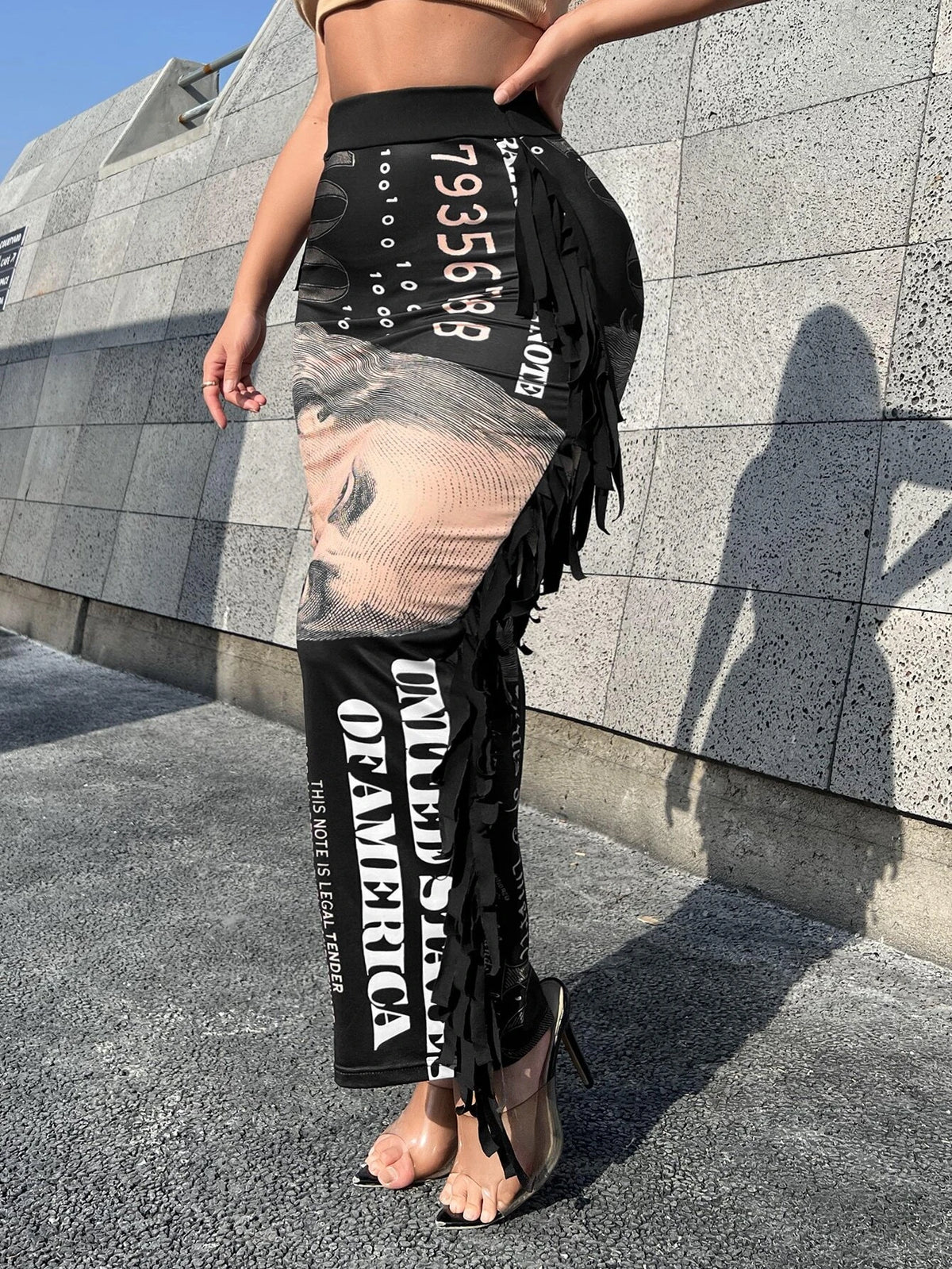 SXY Dollar Print Fringe Trim Pencil Skirt