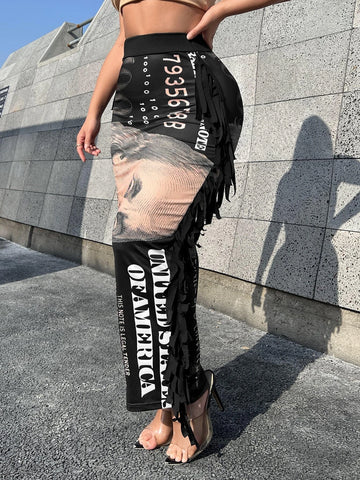 SXY Dollar Print Fringe Trim Pencil Skirt
