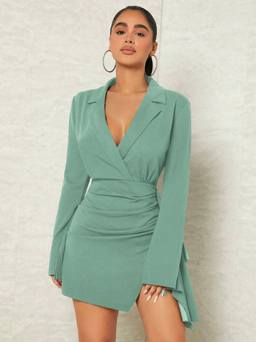 Draped Collar & Asymmetrical Hem Side Slit Dress