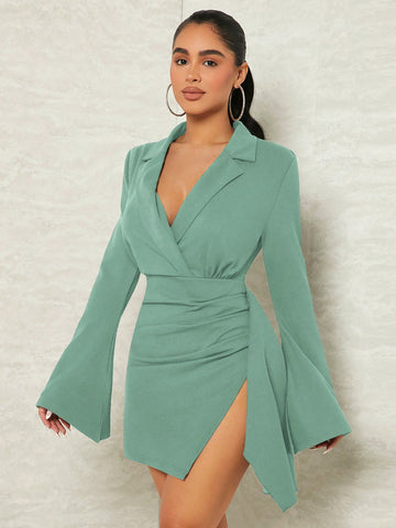 Draped Collar & Asymmetrical Hem Side Slit Dress