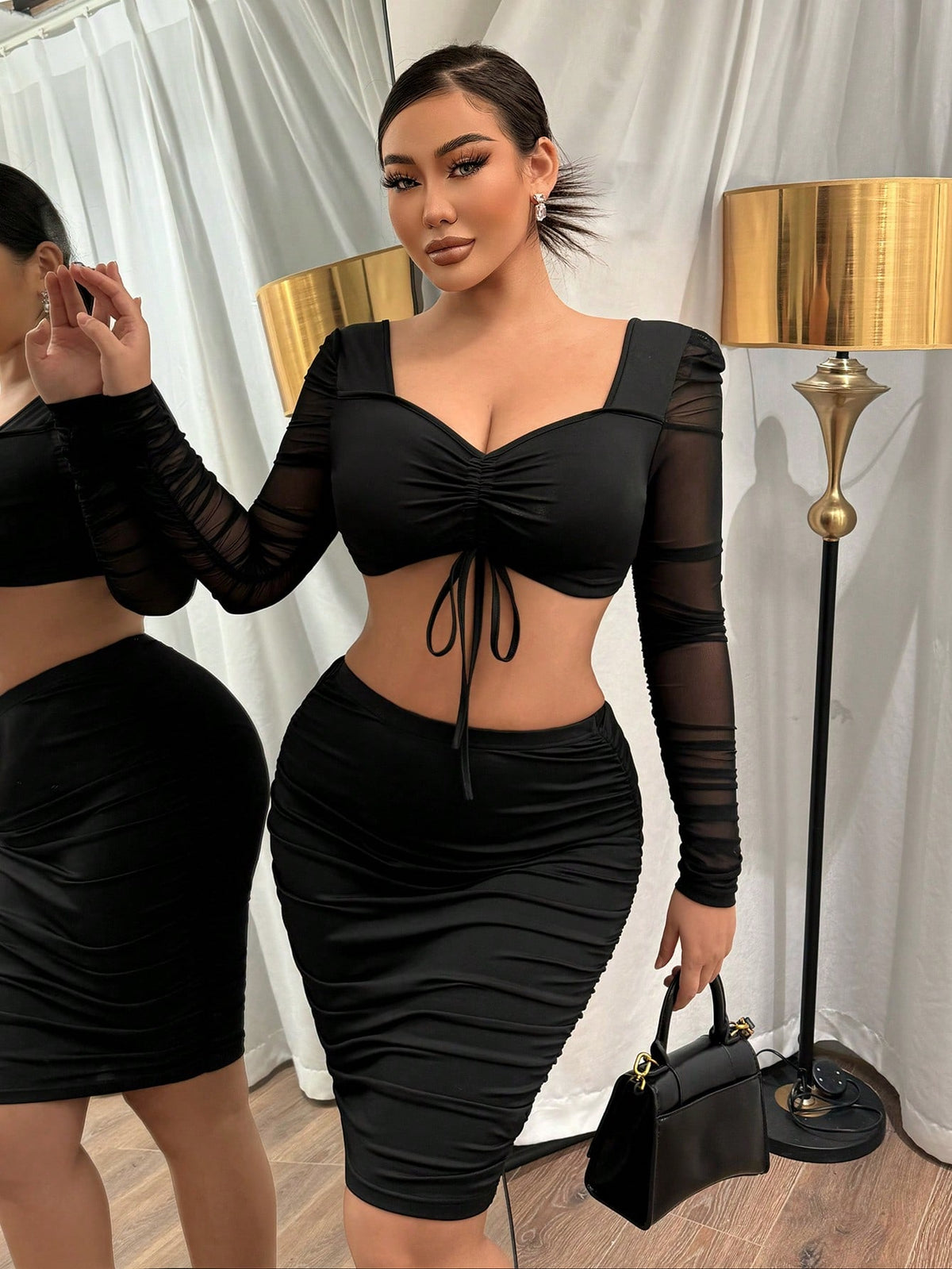 Drawstring Splice Mesh Two-Piece Set