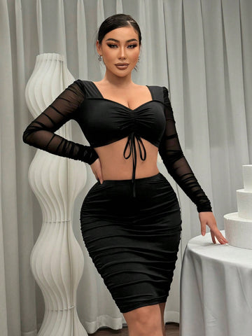 Drawstring Splice Mesh Two-Piece Set