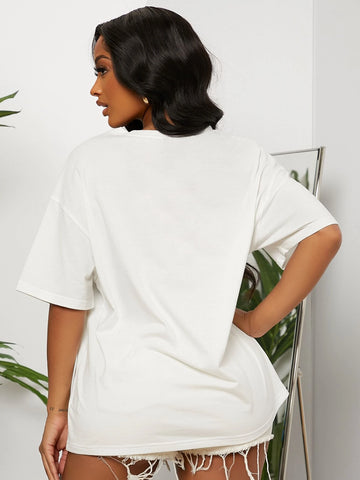 Drop Shoulder Letter And Eye Print Oversized T Shirt