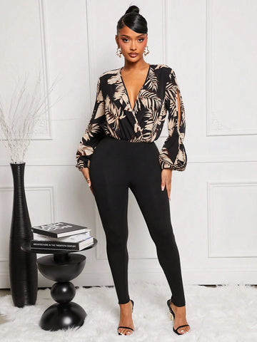 Early Spring Sexy V-Neck Floral Print Black Jumpsuit