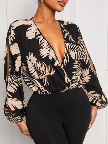 Early Spring Sexy V-Neck Floral Print Black Jumpsuit