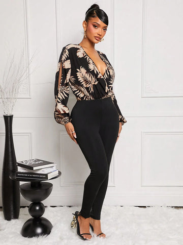 Early Spring Sexy V-Neck Floral Print Black Jumpsuit