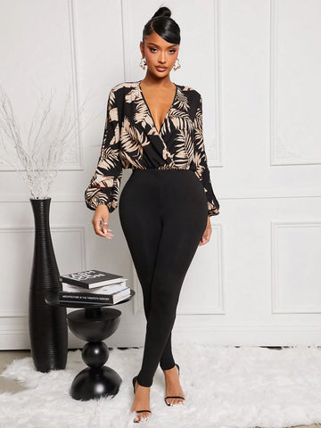 Early Spring Sexy V-Neck Floral Print Black Jumpsuit