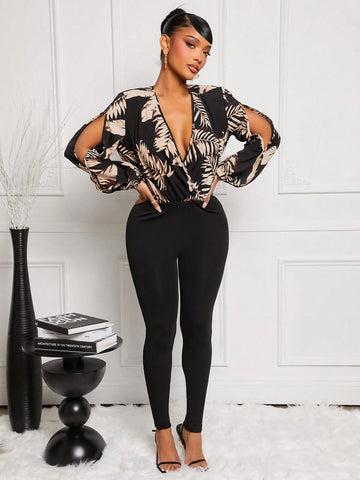 Early Spring Sexy V-Neck Floral Print Black Jumpsuit