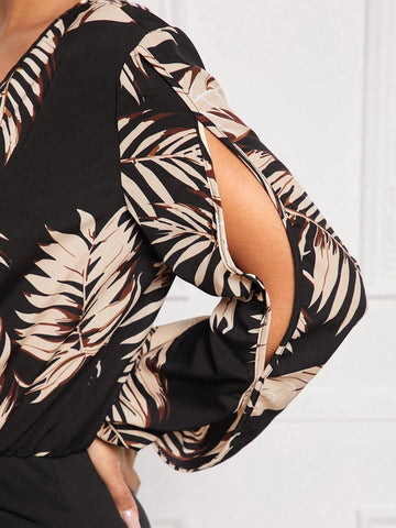 Early Spring Sexy V-Neck Floral Print Black Jumpsuit