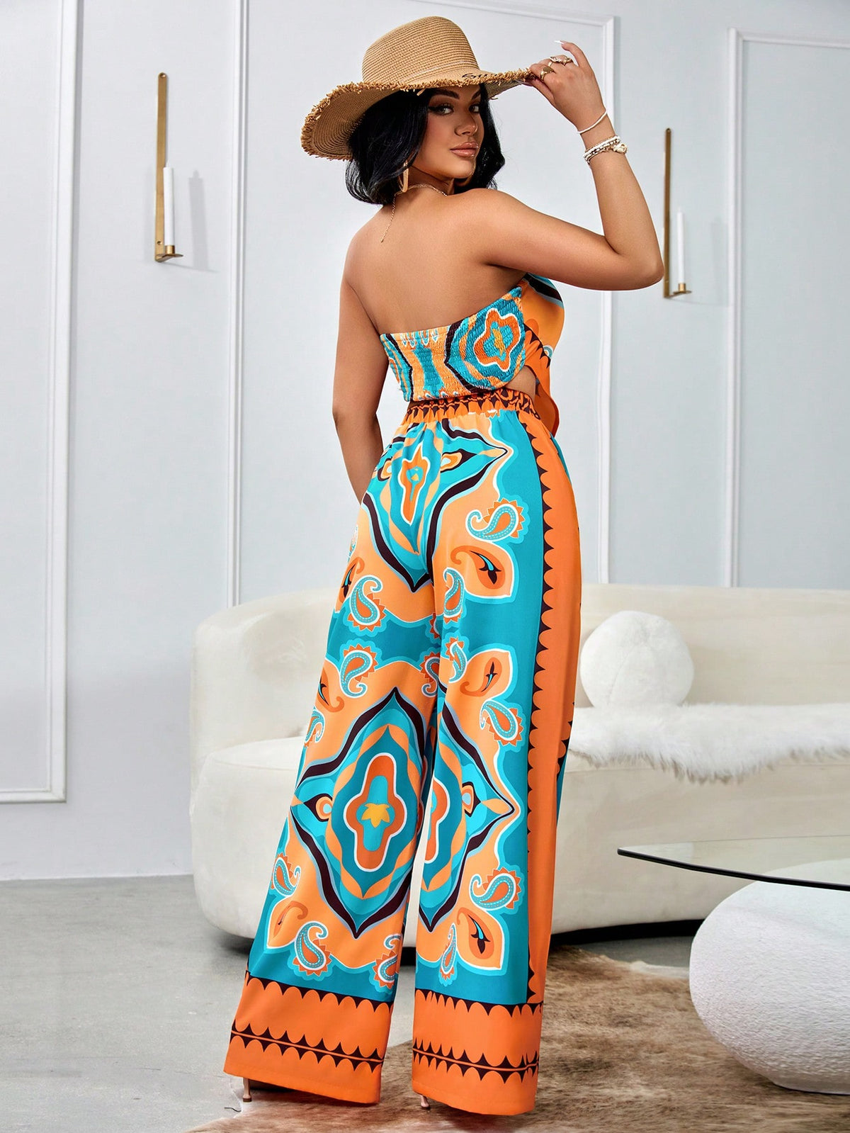 Elastic And Sexy Strapless  Straight Leg Pants Two-Piece Set, Holiday Print Pellis Orange Blue Multi-Color Bright Color Print, Casual Slim Fit Two-Piece Set For Beach Gatherings And Vacation Seasons