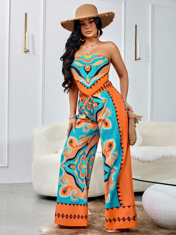Elastic And Sexy Strapless  Straight Leg Pants Two-Piece Set, Holiday Print Pellis Orange Blue Multi-Color Bright Color Print, Casual Slim Fit Two-Piece Set For Beach Gatherings And Vacation Seasons