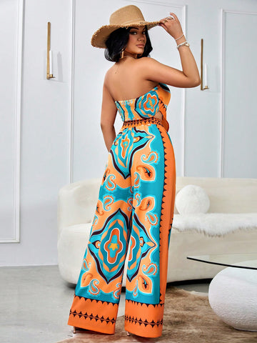 Elastic And Sexy Strapless  Straight Leg Pants Two-Piece Set, Holiday Print Pellis Orange Blue Multi-Color Bright Color Print, Casual Slim Fit Two-Piece Set For Beach Gatherings And Vacation Seasons