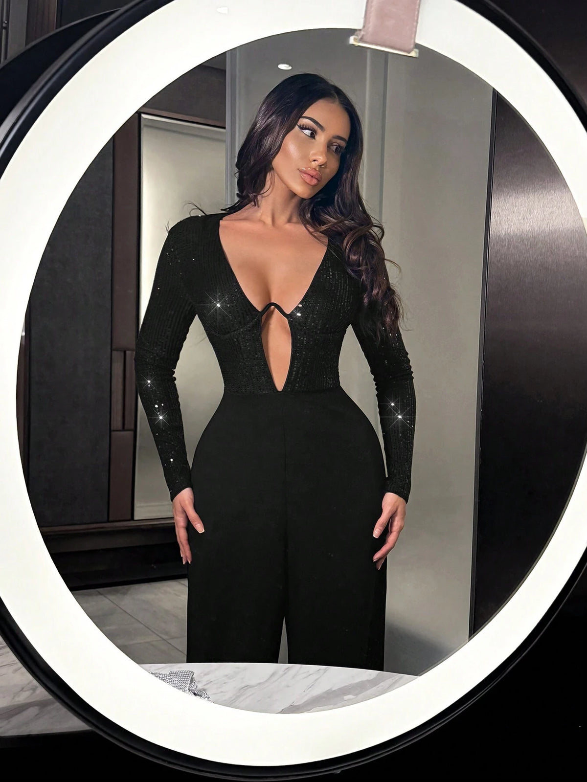 Elegant Shiny Black Long Sleeve Jumpsuit For Party & Formal Occasions