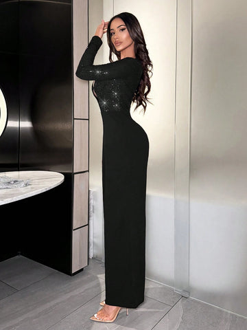 Elegant Shiny Black Long Sleeve Jumpsuit For Party & Formal Occasions