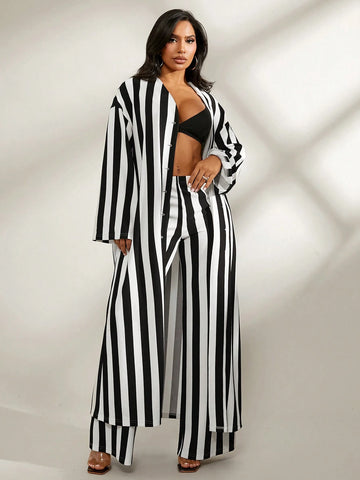 Fall Women Clothes;Extra Long Outer Robe With Long Sleeves And Stripes Black And White Comfortable Striped Trousers Daily Casual Two-Piece Set; Striped Set; Daily Comfort, Casual Warmth