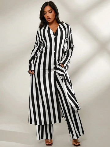 Fall Women Clothes;Extra Long Outer Robe With Long Sleeves And Stripes Black And White Comfortable Striped Trousers Daily Casual Two-Piece Set; Striped Set; Daily Comfort, Casual Warmth