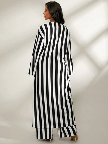 Fall Women Clothes;Extra Long Outer Robe With Long Sleeves And Stripes Black And White Comfortable Striped Trousers Daily Casual Two-Piece Set; Striped Set; Daily Comfort, Casual Warmth