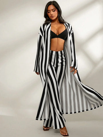 Fall Women Clothes;Extra Long Outer Robe With Long Sleeves And Stripes Black And White Comfortable Striped Trousers Daily Casual Two-Piece Set; Striped Set; Daily Comfort, Casual Warmth
