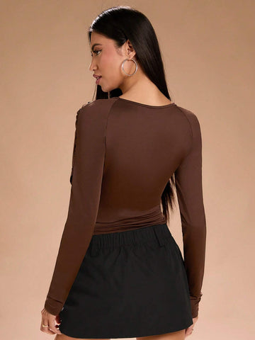 Fall Women Clothes Elastic And Comfortable Back To School Ruched Long Sleeve T-Shirt, Autumn