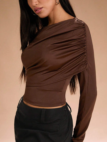 Fall Women Clothes Elastic And Comfortable Back To School Ruched Long Sleeve T-Shirt, Autumn