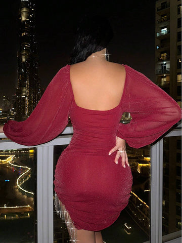 Fall & Winter Steel Ring Gathering Breast Lift & Knitted Glitter Mesh Shrinkage Irregular Hem Diamond