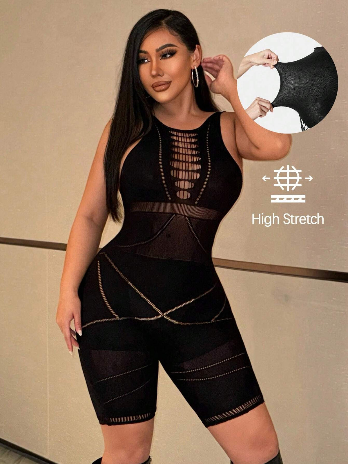 Fashionable And Gorgeous Ladies Sexy Black Hollow Quality Party Nightclub Babes See-Through Fishnet Splicing Sleeveless Round Neck High Elastic Seamless High Elastic Silk Bodysuit