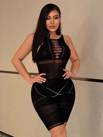 Fashionable And Gorgeous Ladies Sexy Black Hollow Quality Party Nightclub Babes See-Through Fishnet Splicing Sleeveless Round Neck High Elastic Seamless High Elastic Silk Bodysuit