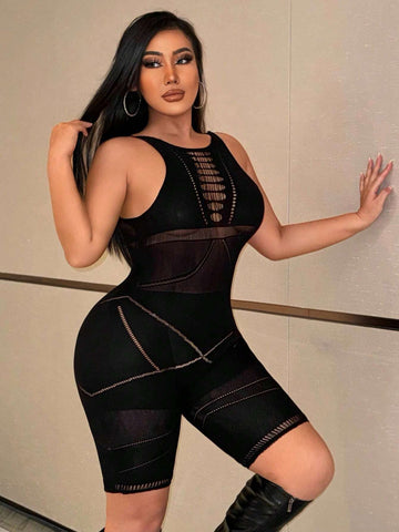 Fashionable And Gorgeous Ladies Sexy Black Hollow Quality Party Nightclub Babes See-Through Fishnet Splicing Sleeveless Round Neck High Elastic Seamless High Elastic Silk Bodysuit