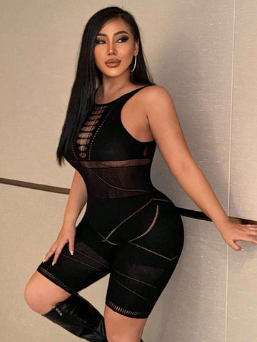 Fashionable And Gorgeous Ladies Sexy Black Hollow Quality Party Nightclub Babes See-Through Fishnet Splicing Sleeveless Round Neck High Elastic Seamless High Elastic Silk Bodysuit