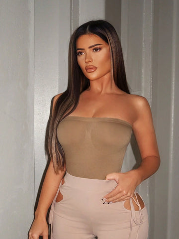 Fashionable And Gorgeous Ladies Sexy Khaki Apricot Knitted Elegant Party Nightclub Hotties Simple High-End Sleeveless Tube Top Collar High Elastic Seamless Bodysuit