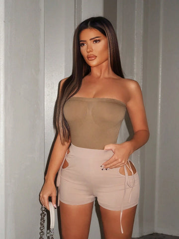 Fashionable And Gorgeous Ladies Sexy Khaki Apricot Knitted Elegant Party Nightclub Hotties Simple High-End Sleeveless Tube Top Collar High Elastic Seamless Bodysuit