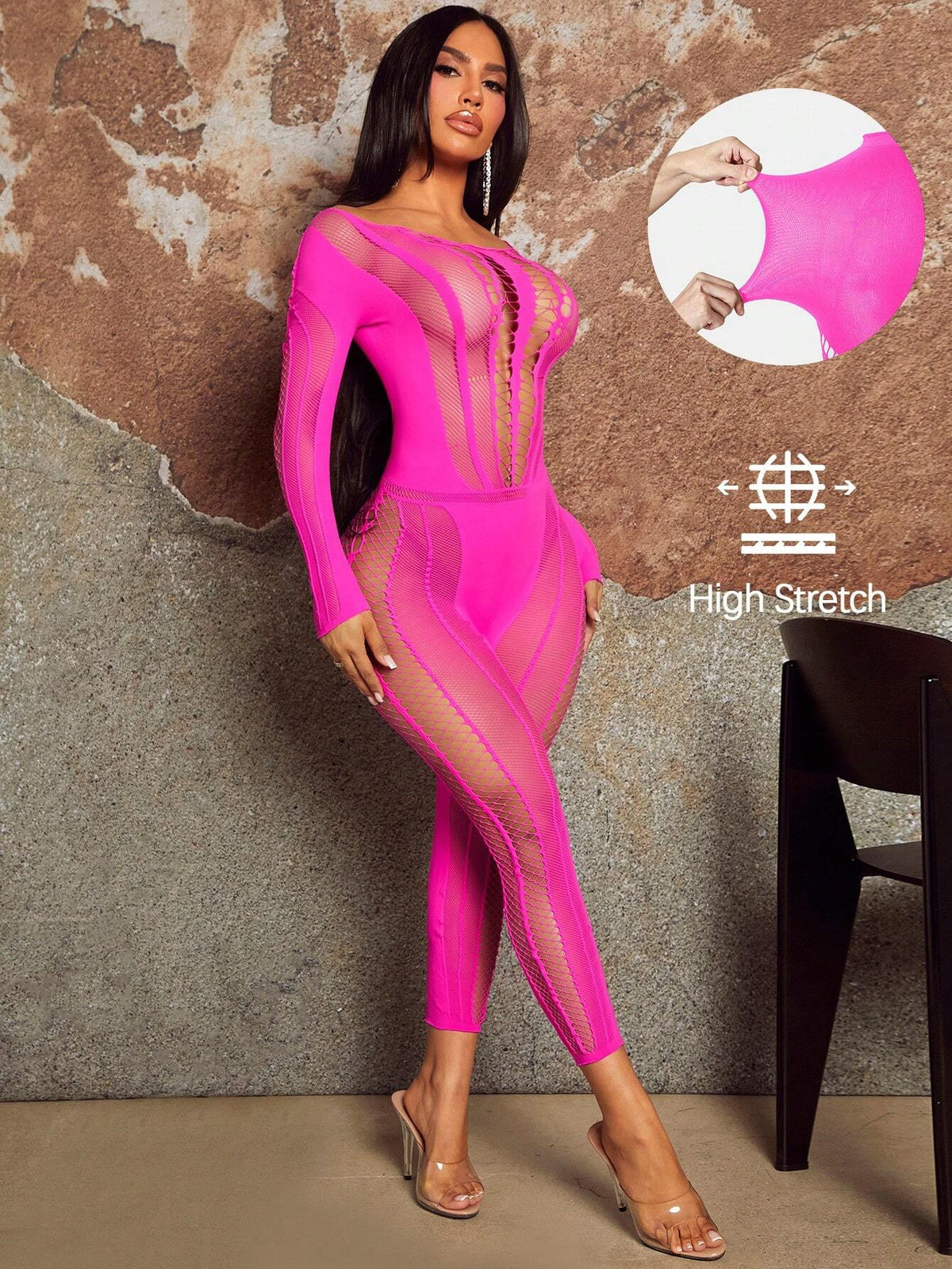 Fashionable And Gorgeous Ladies Sexy Rose Red Hollow Air Party Nightclub Hottie See-Through Fishnet Splicing Long-Sleeved High-Elastic Seamless High-Elastic Silk Trousers And Tight Jumpsuit