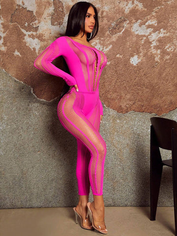 Fashionable And Gorgeous Ladies Sexy Rose Red Hollow Air Party Nightclub Hottie See-Through Fishnet Splicing Long-Sleeved High-Elastic Seamless High-Elastic Silk Trousers And Tight Jumpsuit