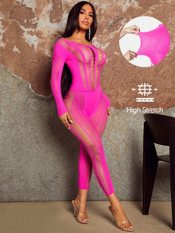 Fashionable And Gorgeous Ladies Sexy Rose Red Hollow Air Party Nightclub Hottie See-Through Fishnet Splicing Long-Sleeved High-Elastic Seamless High-Elastic Silk Trousers And Tight Jumpsuit