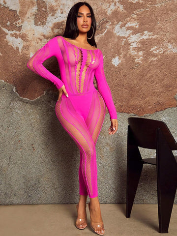 Fashionable And Gorgeous Ladies Sexy Rose Red Hollow Air Party Nightclub Hottie See-Through Fishnet Splicing Long-Sleeved High-Elastic Seamless High-Elastic Silk Trousers And Tight Jumpsuit