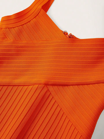 Fashionable And Gorgeous Women's Sexy Vacation Orange Bandage Wrap-Around Textured Short Style Charming Hot Girl Nightclub Sleeveless Suspender Deep V-Neck High Elastic Short Tight Dress