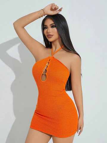 Fashionable Women's Orange Knitted Boho Jacquard Texture, Sexy And Elegant, High-End Resort Style,