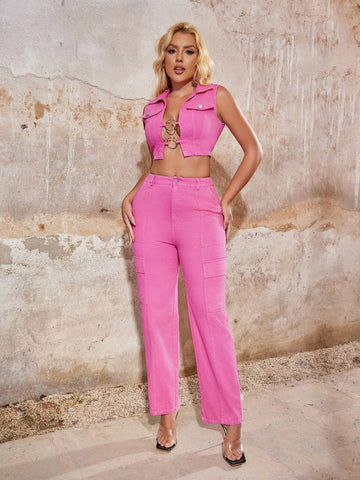 Fashionable Workwear Pink Denim Front And Middle Hollow Out Metal Ring Decoration Vest And Long Pants Two Piece Set