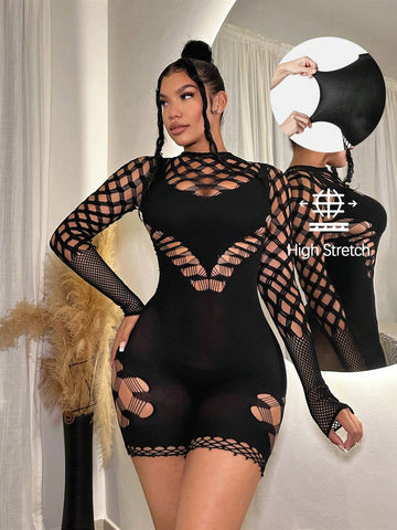 Fishing Net Segmentation Women's Solid Color Hollow Out Slim Fit Long Sleeve Jumpsuit