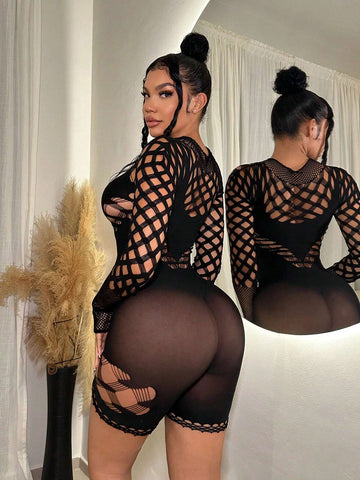 Fishing Net Segmentation Women's Solid Color Hollow Out Slim Fit Long Sleeve Jumpsuit