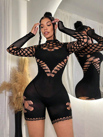 Fishing Net Segmentation Women's Solid Color Hollow Out Slim Fit Long Sleeve Jumpsuit