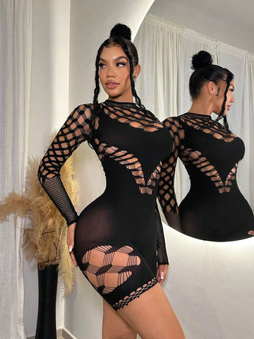 Fishing Net Segmentation Women's Solid Color Hollow Out Slim Fit Long Sleeve Jumpsuit