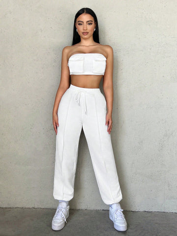 Flap Pocket Crop Tube Top & Drawstring Waist Sweatpants